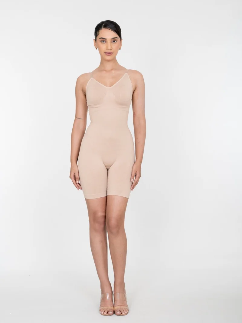 Shapercult Store Beige Mid Thigh Bodysuit for Women